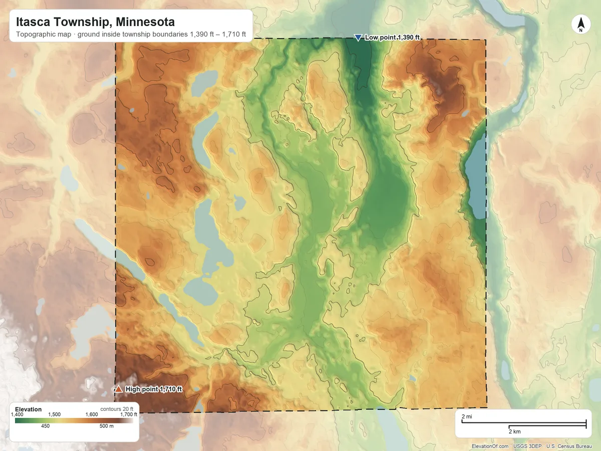 Topographic elevation map of Itasca Township, Minnesota, shaded from 1,390 ft on the northeast side to 1,710 ft on the southwest side