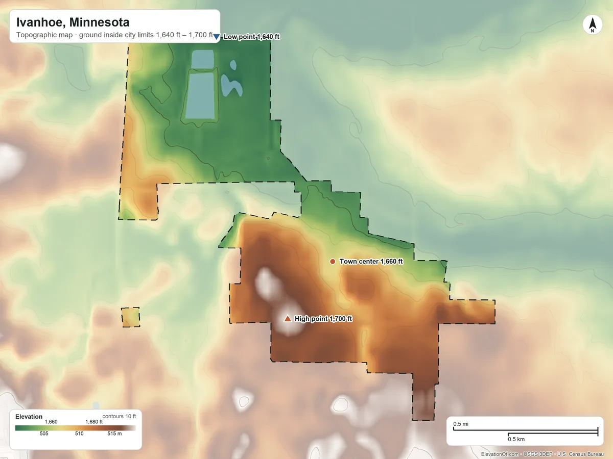 Topographic elevation map of Ivanhoe, Minnesota, shaded from 1,640 ft on the northwest side to 1,700 ft on the southwest side