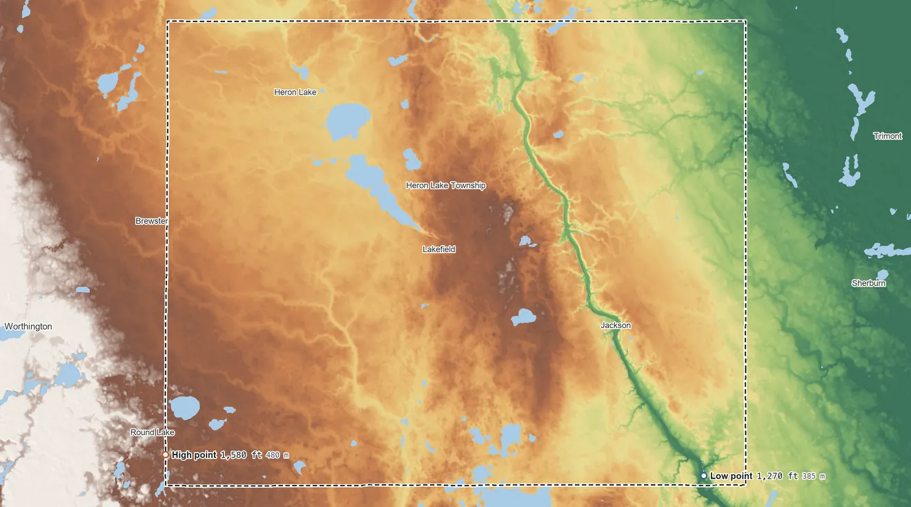 Topographic elevation map of Jackson County, Minnesota, shaded from 1,270 ft on the southeast side to 1,580 ft on the southwest side
