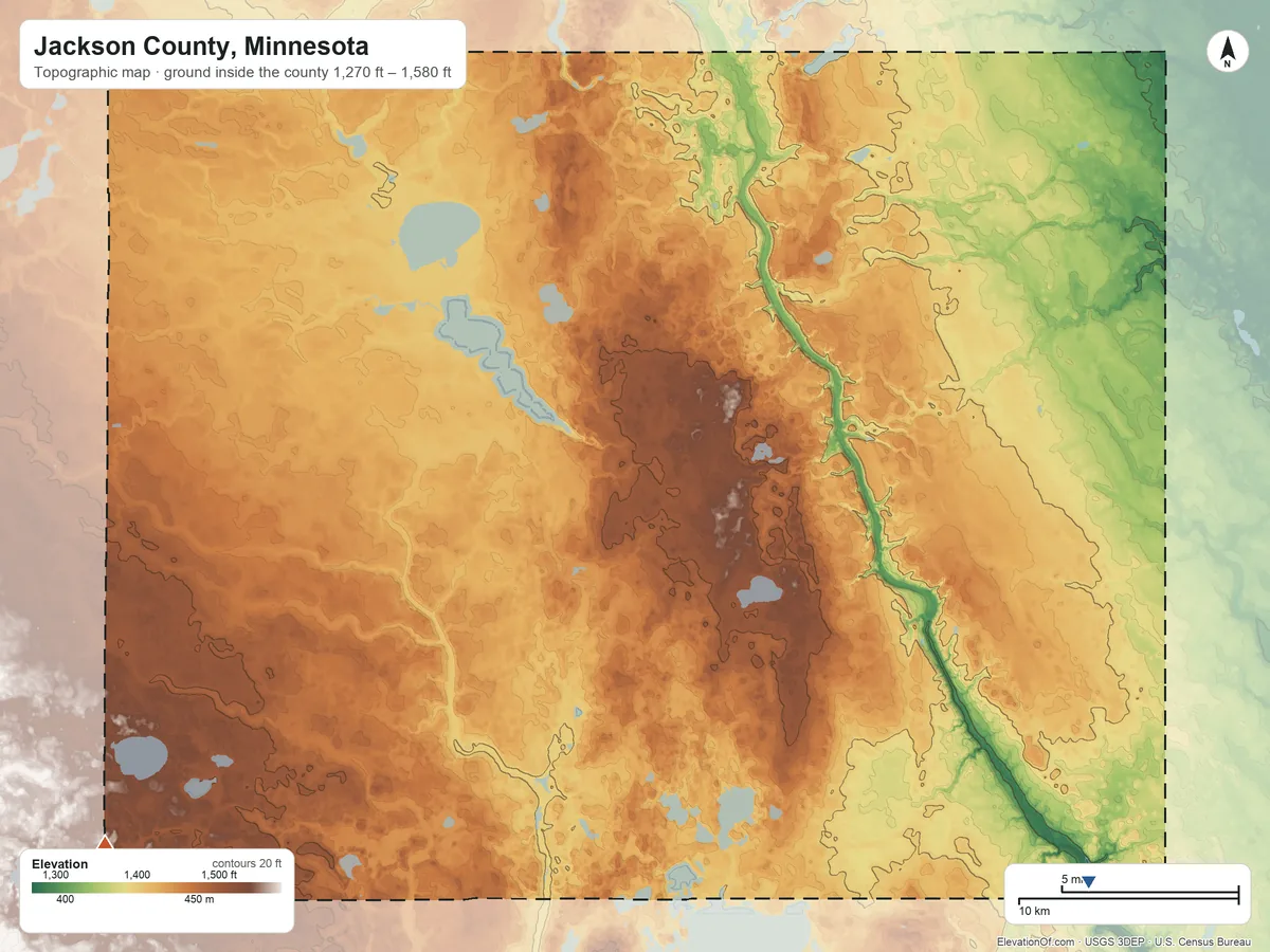 Topographic elevation map of Jackson County, Minnesota, shaded from 1,270 ft on the southeast side to 1,580 ft on the southwest side