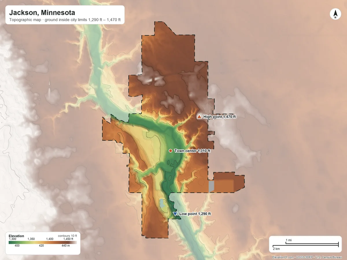 Topographic elevation map of Jackson, Minnesota, shaded from 1,290 ft on the south side to 1,470 ft on the northeast side