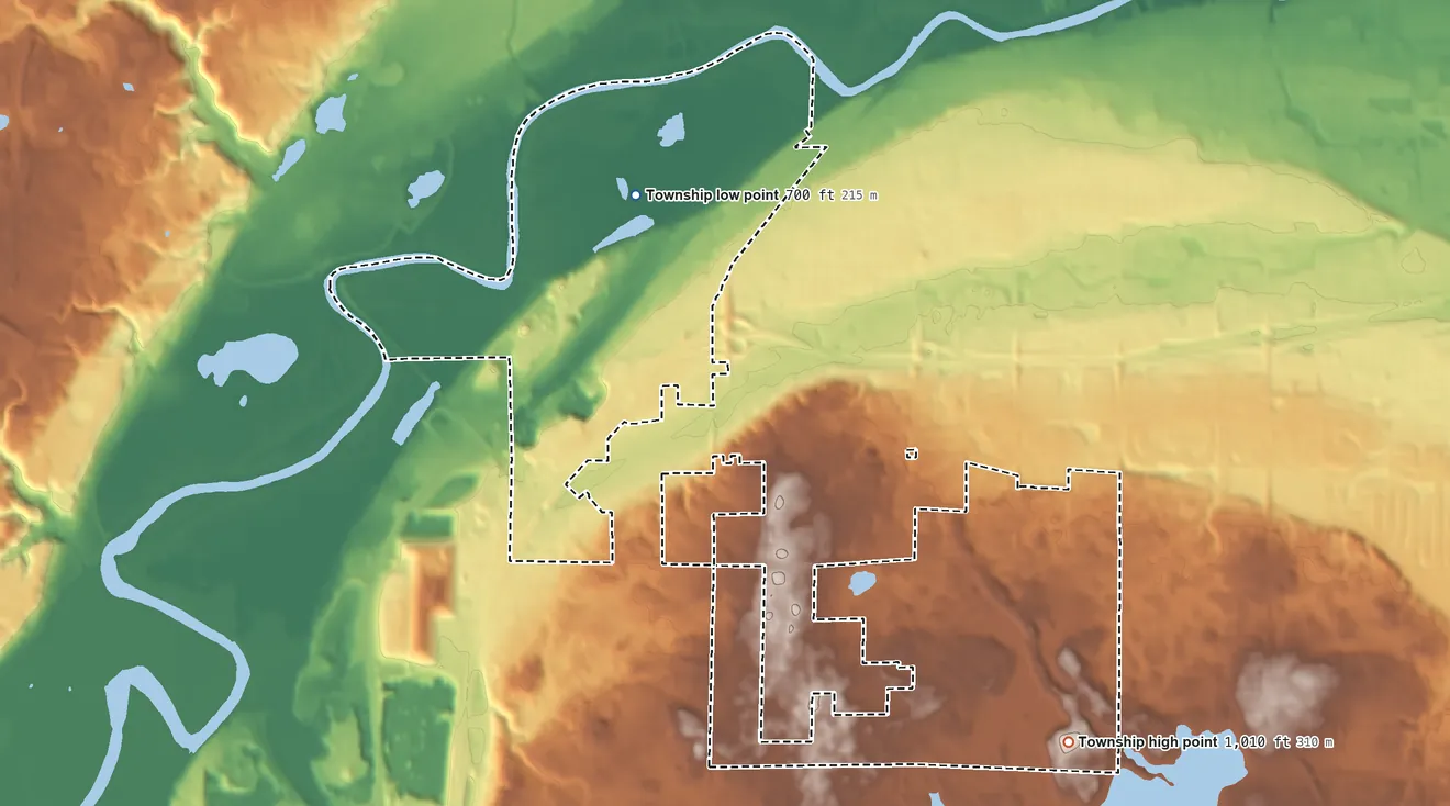Topographic elevation map of Jackson Township, Minnesota, shaded from 700 ft on the northwest side to 1,010 ft on the southeast side
