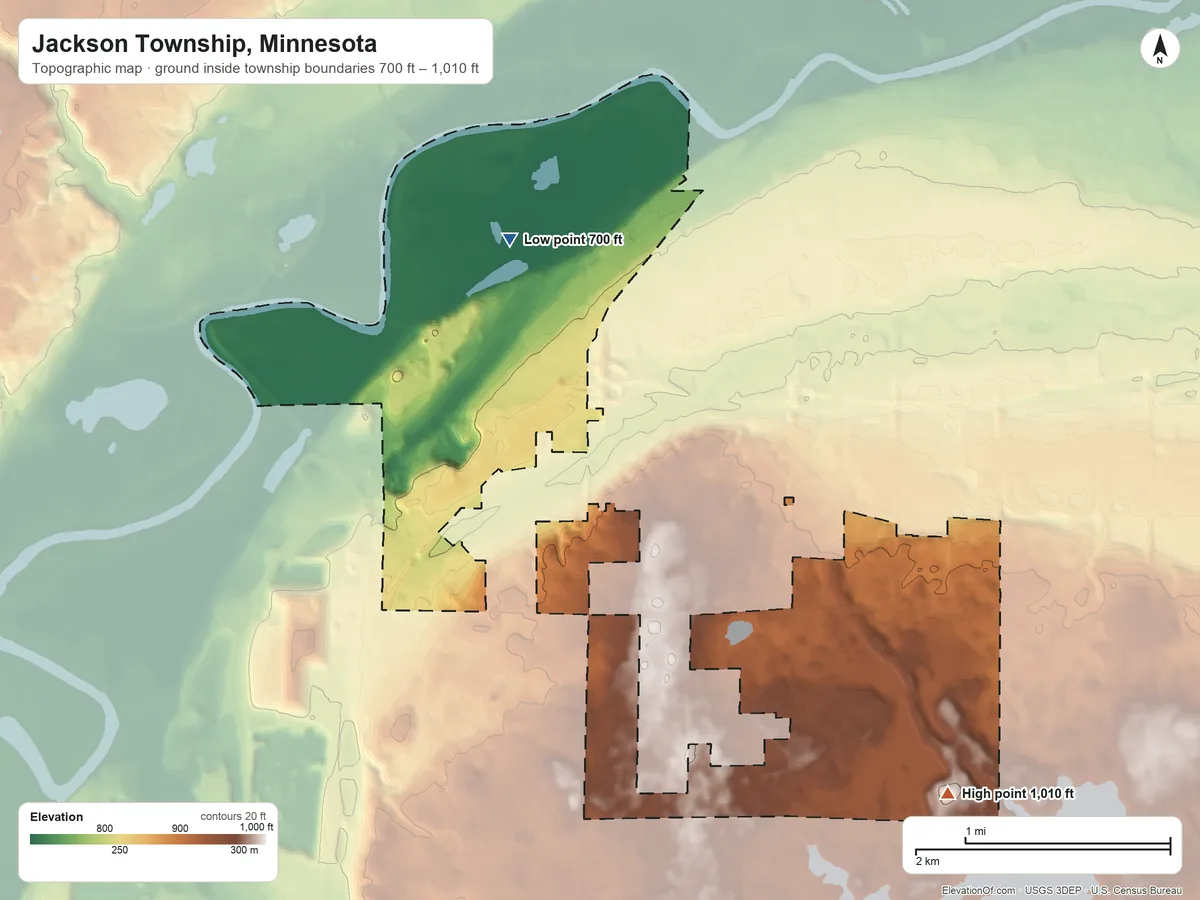 Topographic elevation map of Jackson Township, Minnesota, shaded from 700 ft on the northwest side to 1,010 ft on the southeast side