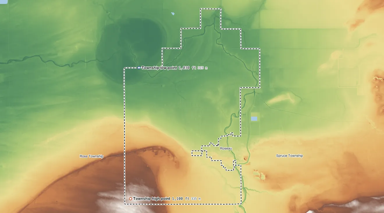 Topographic elevation map of Jadis Township, Minnesota, shaded from 1,030 ft on the northwest side to 1,100 ft on the southwest side