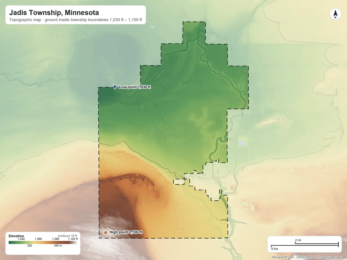 Topographic elevation map of Jadis Township, Minnesota, shaded from 1,030 ft on the northwest side to 1,100 ft on the southwest side