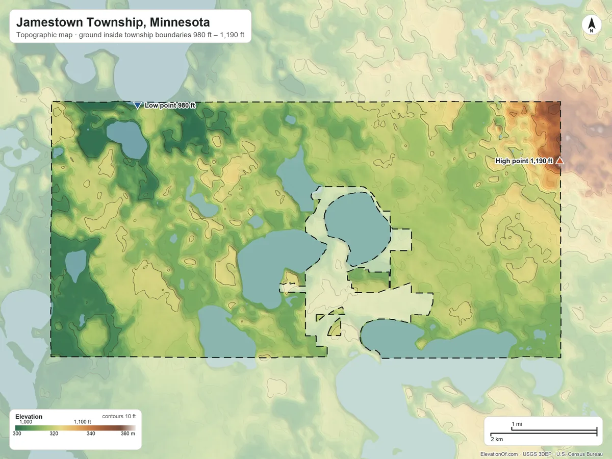 Topographic elevation map of Jamestown Township, Minnesota, shaded from 980 ft on the northwest side to 1,190 ft on the east side