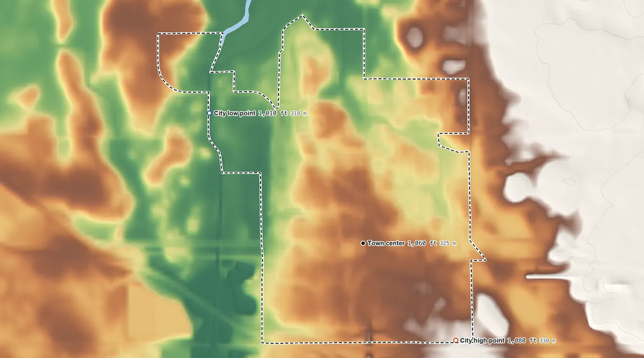 Topographic elevation map of Janesville, Minnesota, shaded from 1,010 ft on the northwest side to 1,080 ft on the southeast side