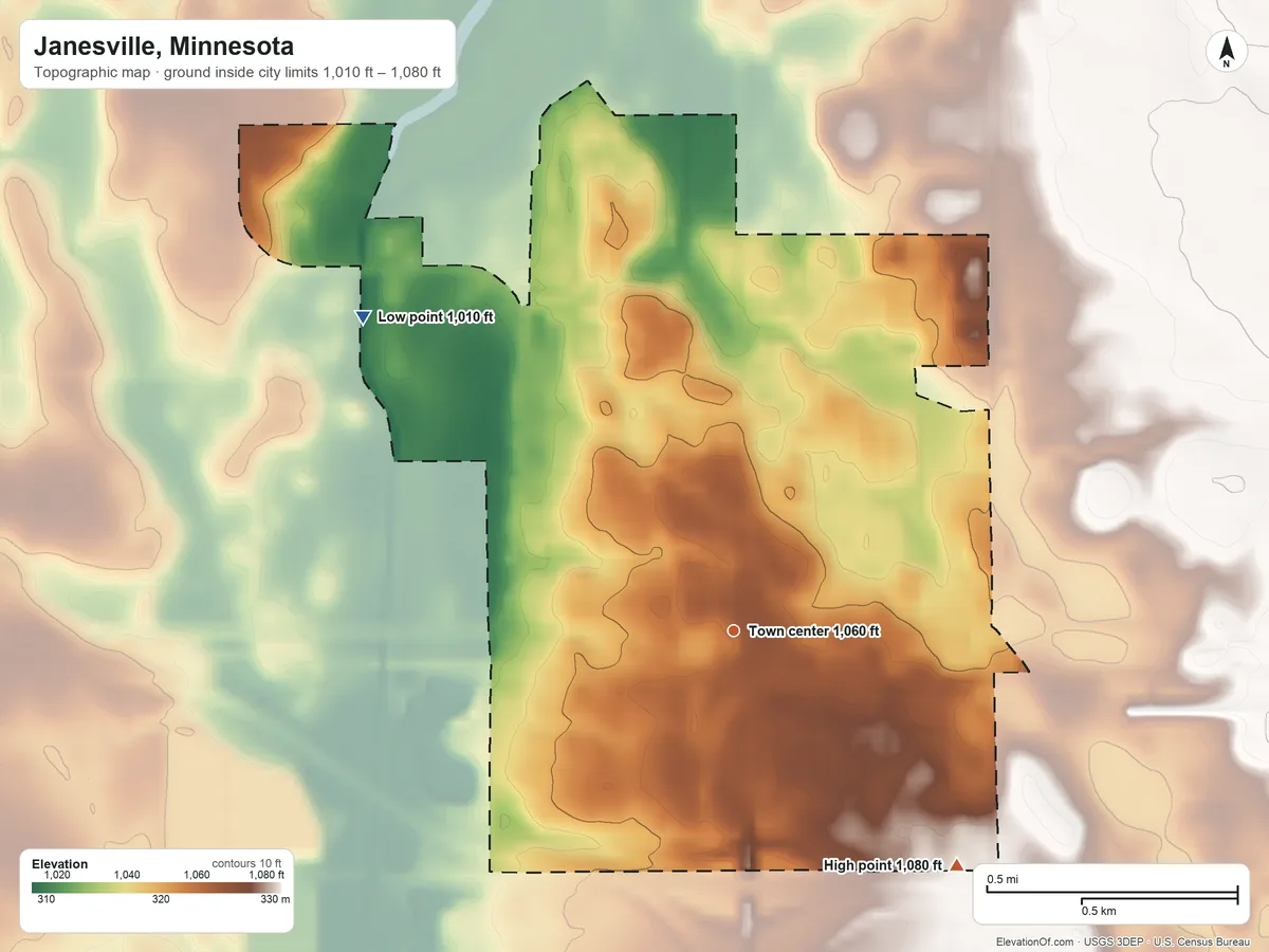 Topographic elevation map of Janesville, Minnesota, shaded from 1,010 ft on the northwest side to 1,080 ft on the southeast side