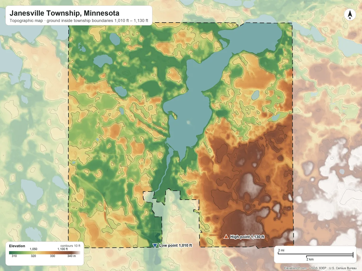 Topographic elevation map of Janesville Township, Minnesota, shaded from 1,010 ft on the south side to 1,130 ft on the southeast side