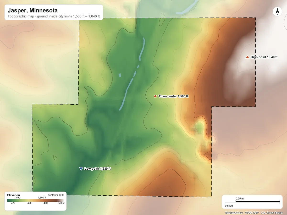 Topographic elevation map of Jasper, Minnesota, shaded from 1,530 ft on the southwest side to 1,640 ft on the northeast side