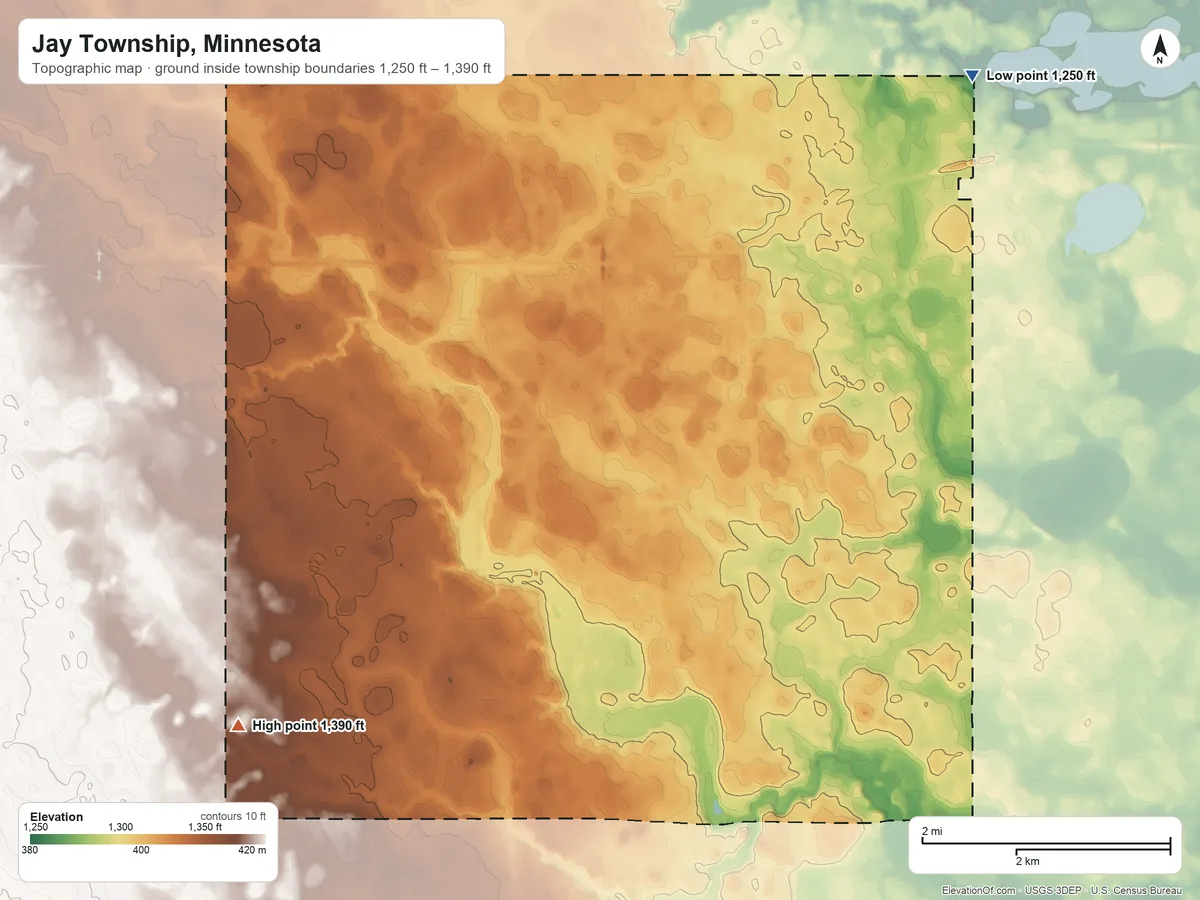 Topographic elevation map of Jay Township, Minnesota, shaded from 1,250 ft on the northeast side to 1,390 ft on the southwest side
