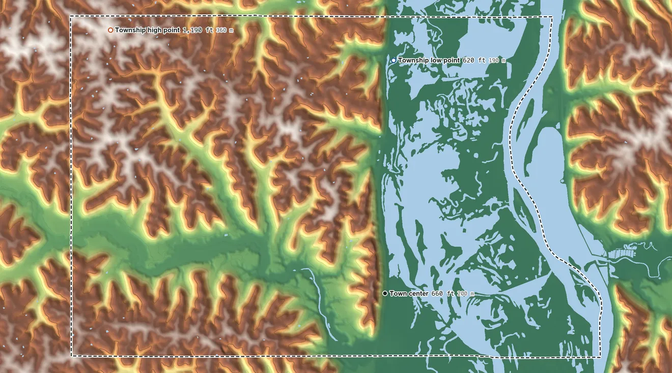 Topographic elevation map of Jefferson Township, Minnesota, shaded from 620 ft on the north side to 1,190 ft on the northwest side