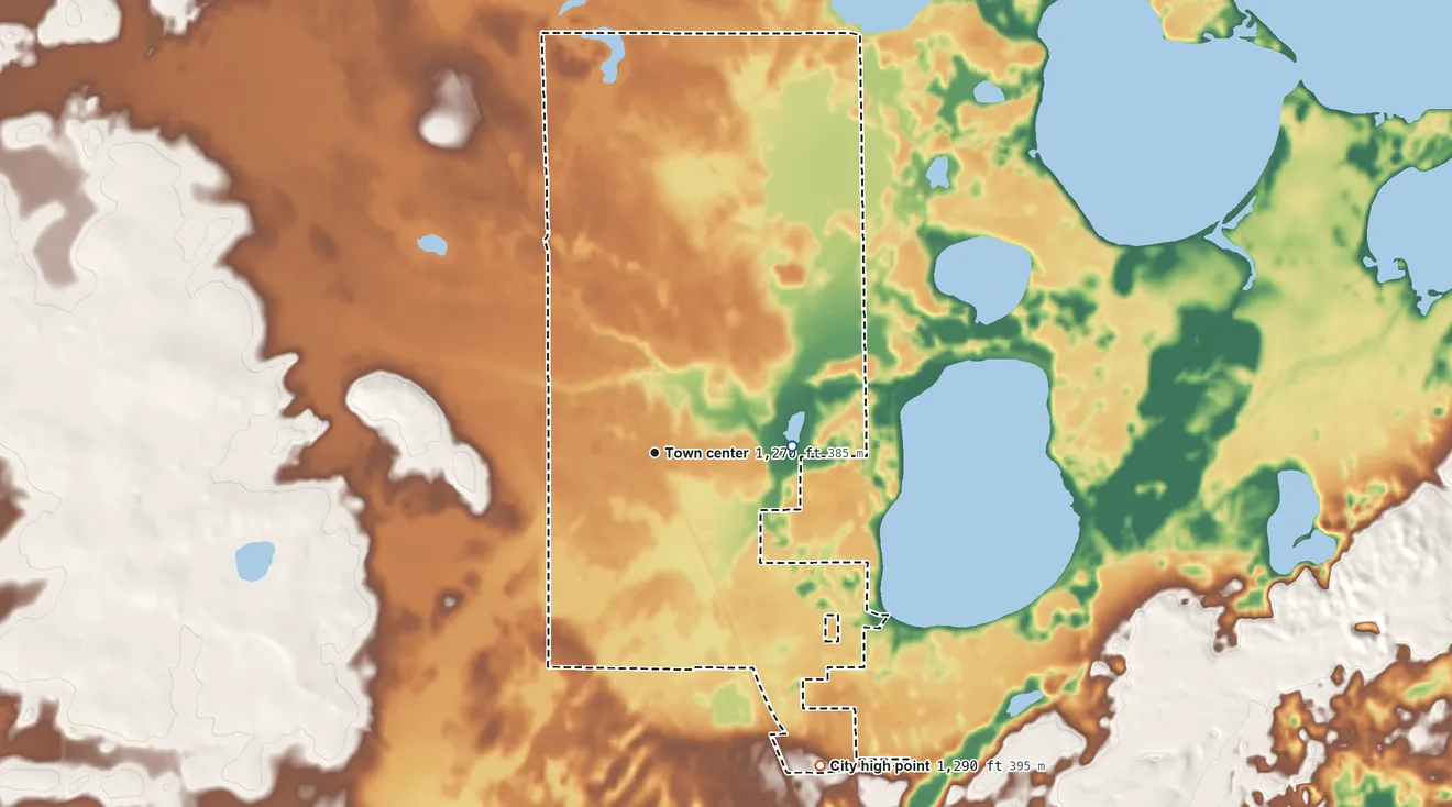 Topographic elevation map of Jenkins, Minnesota, shaded from 1,230 ft on the east side to 1,290 ft on the southeast side