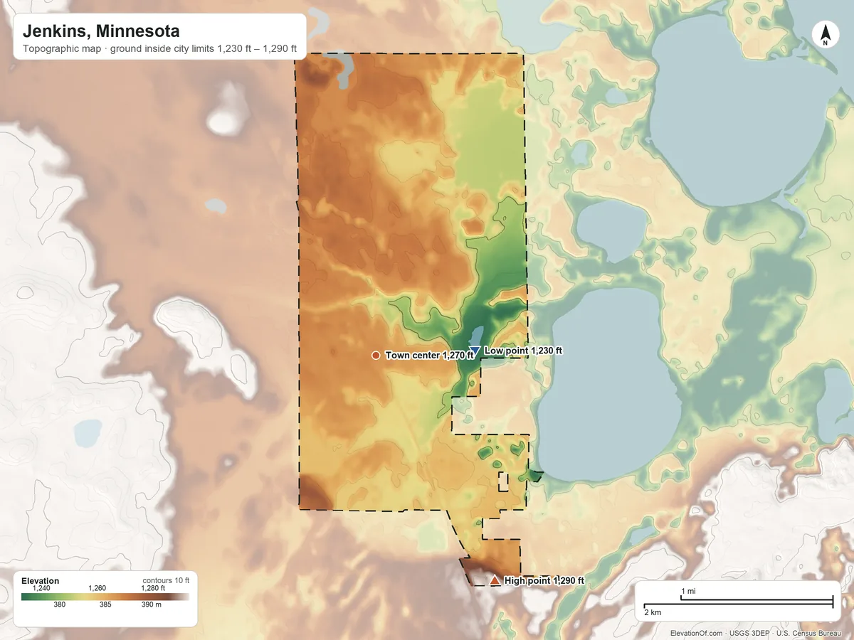 Topographic elevation map of Jenkins, Minnesota, shaded from 1,230 ft on the east side to 1,290 ft on the southeast side