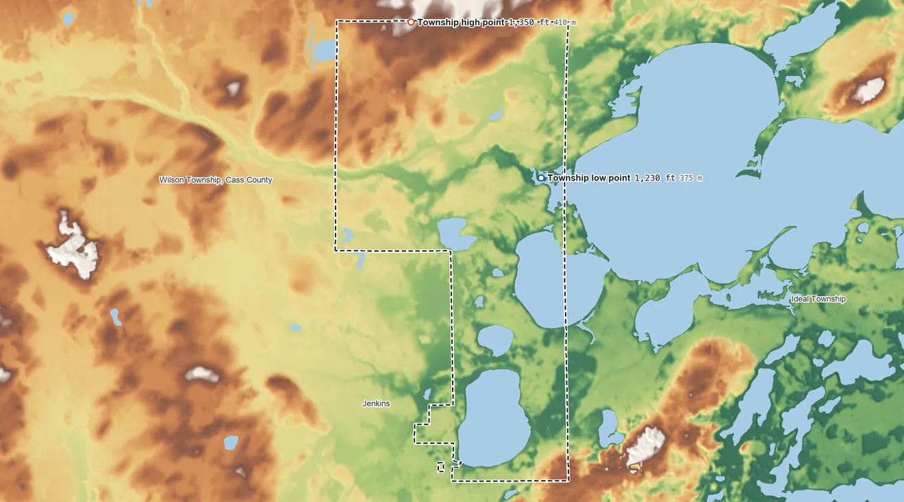 Topographic elevation map of Jenkins Township, Minnesota, shaded from 1,230 ft on the northeast side to 1,350 ft on the north side