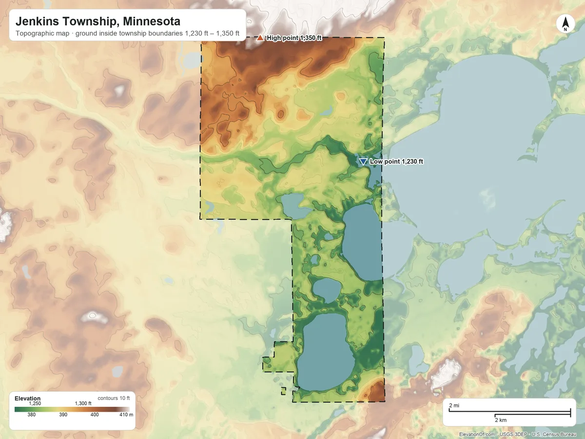 Topographic elevation map of Jenkins Township, Minnesota, shaded from 1,230 ft on the northeast side to 1,350 ft on the north side