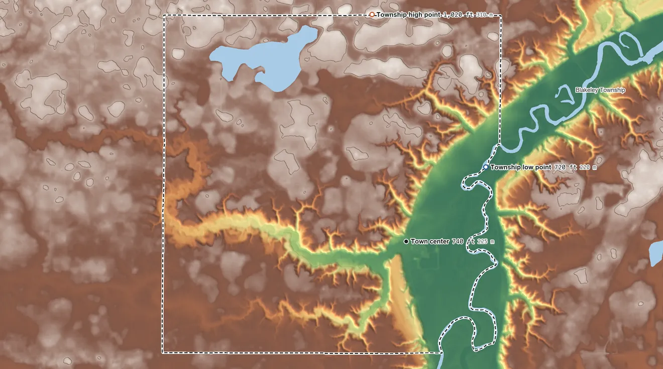 Topographic elevation map of Jessenland Township, Minnesota, shaded from 720 ft on the northeast side to 1,020 ft on the north side