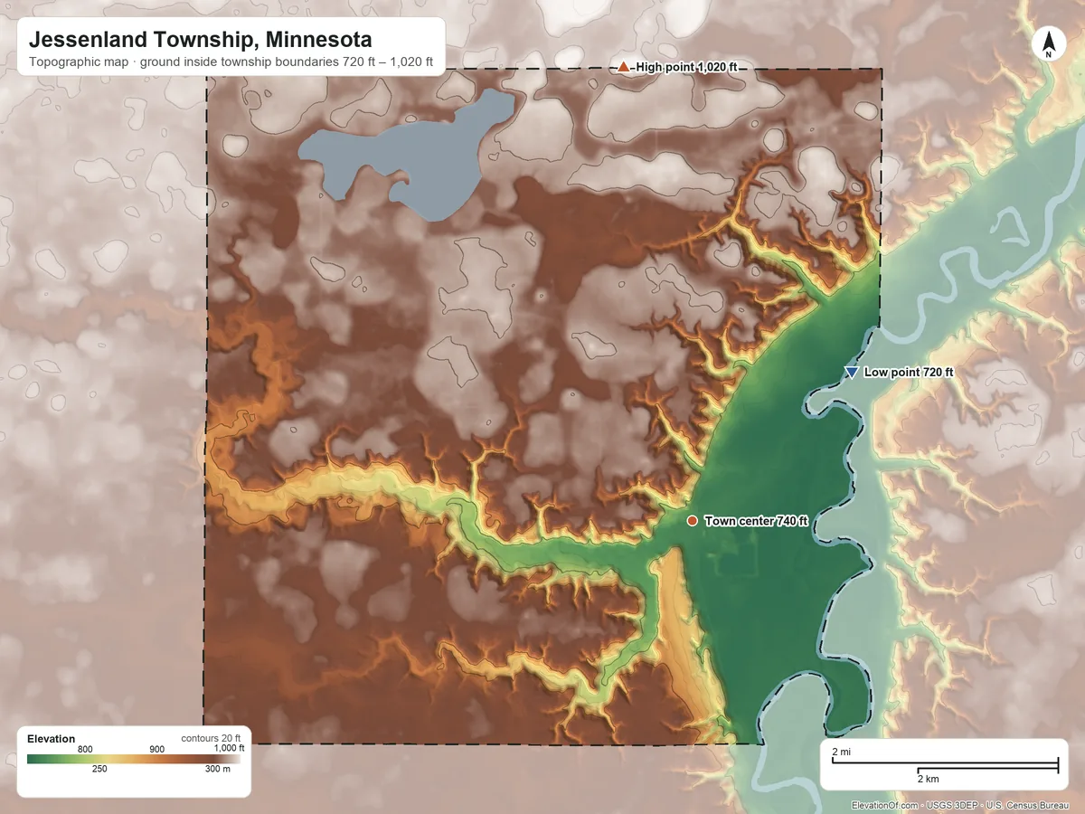 Topographic elevation map of Jessenland Township, Minnesota, shaded from 720 ft on the northeast side to 1,020 ft on the north side