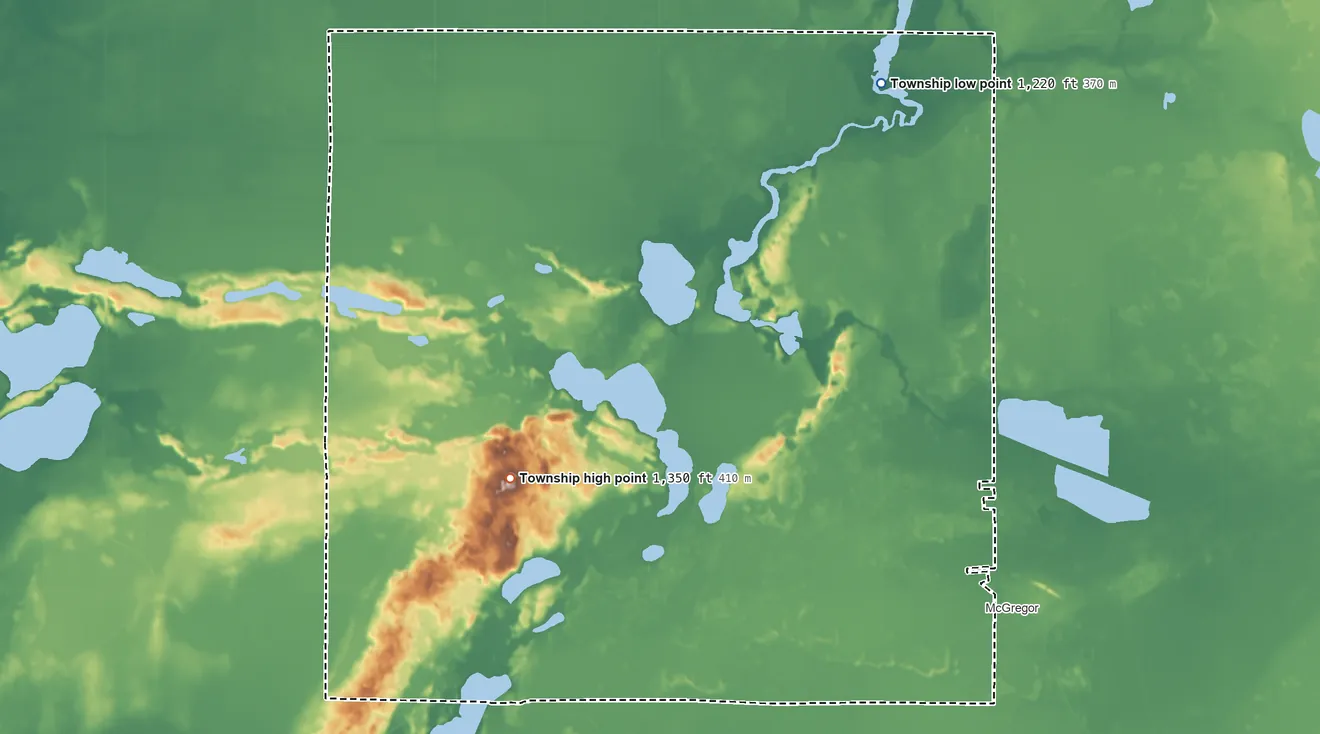 Topographic elevation map of Jevne Township, Minnesota, shaded from 1,220 ft on the northeast side to 1,350 ft on the west side