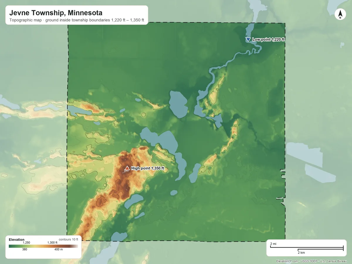 Topographic elevation map of Jevne Township, Minnesota, shaded from 1,220 ft on the northeast side to 1,350 ft on the west side