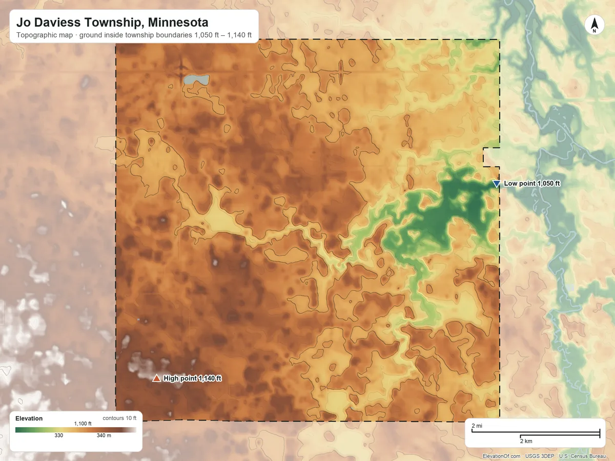 Topographic elevation map of Jo Daviess Township, Minnesota, shaded from 1,050 ft on the east side to 1,140 ft on the southwest side