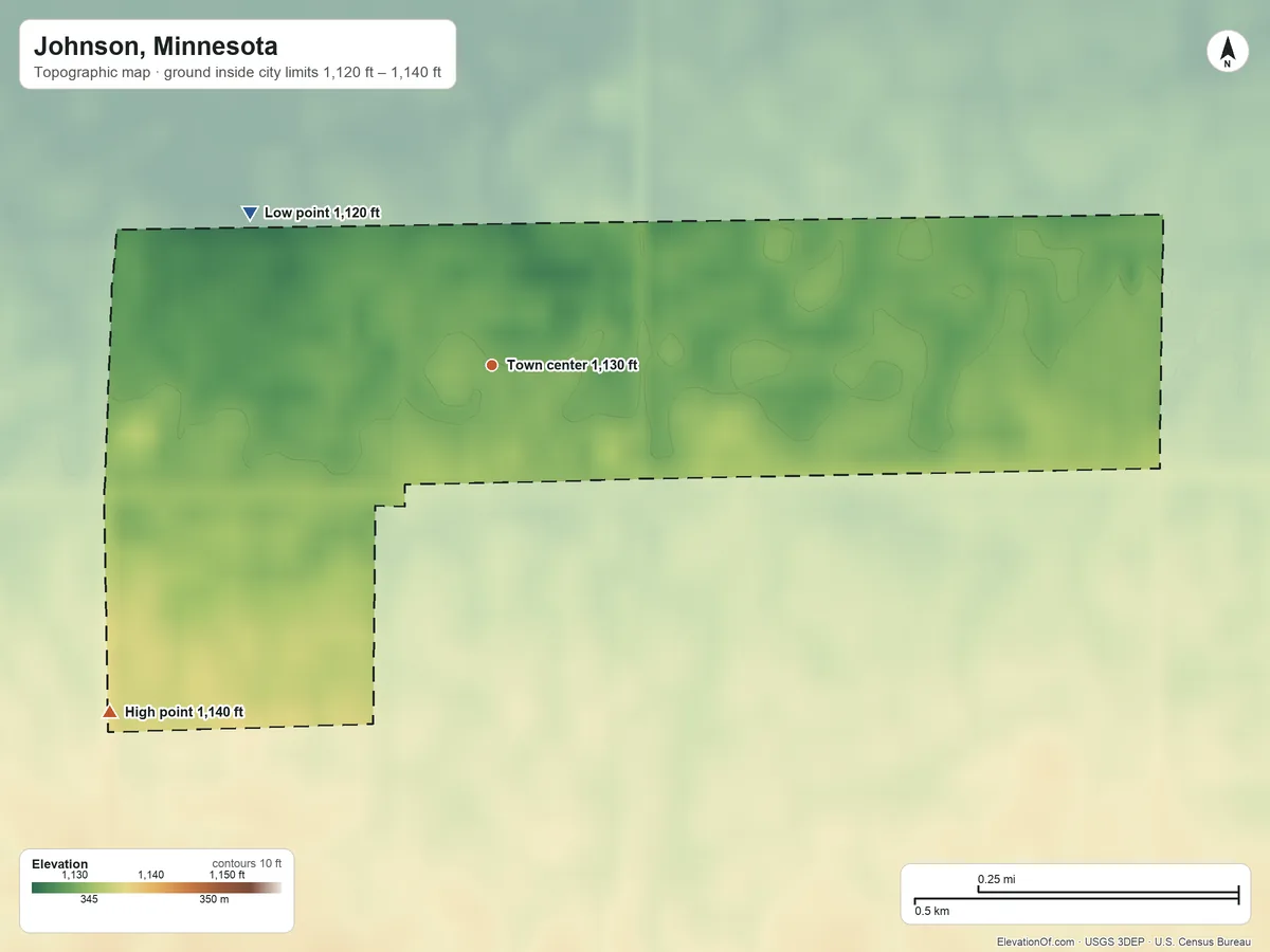 Topographic elevation map of Johnson, Minnesota, shaded from 1,120 ft on the northwest side to 1,140 ft on the southwest side