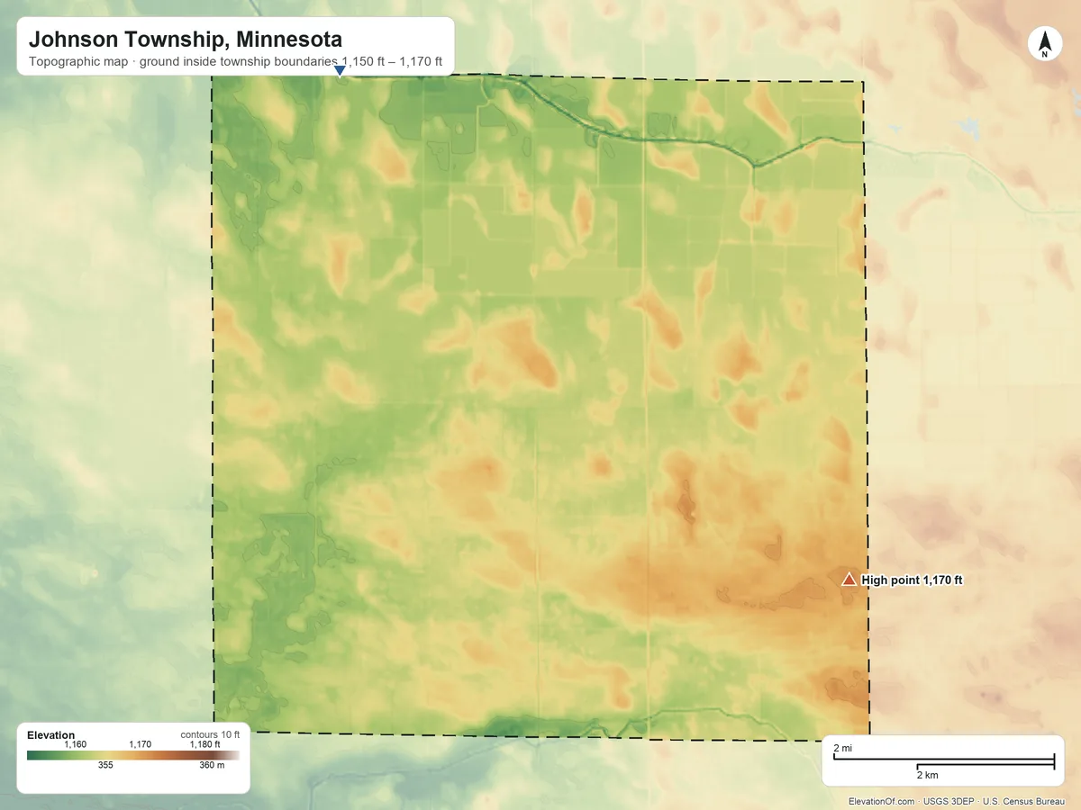Topographic elevation map of Johnson Township, Minnesota, shaded from 1,150 ft on the northwest side to 1,170 ft on the southeast side