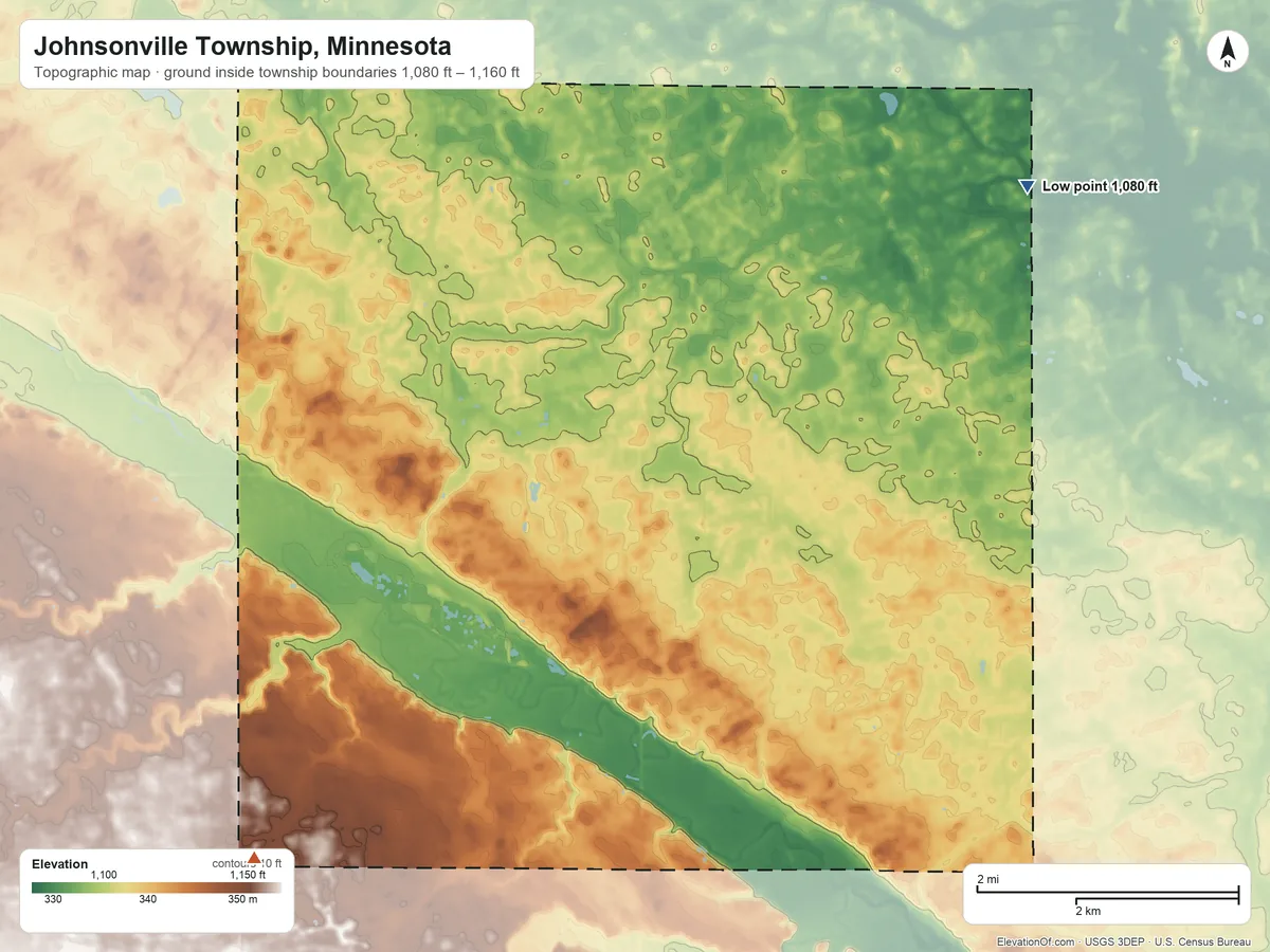Topographic elevation map of Johnsonville Township, Minnesota, shaded from 1,080 ft on the northeast side to 1,160 ft on the southwest side