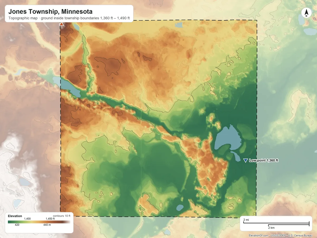 Topographic elevation map of Jones Township, Minnesota, shaded from 1,360 ft on the southeast side to 1,490 ft on the northwest side