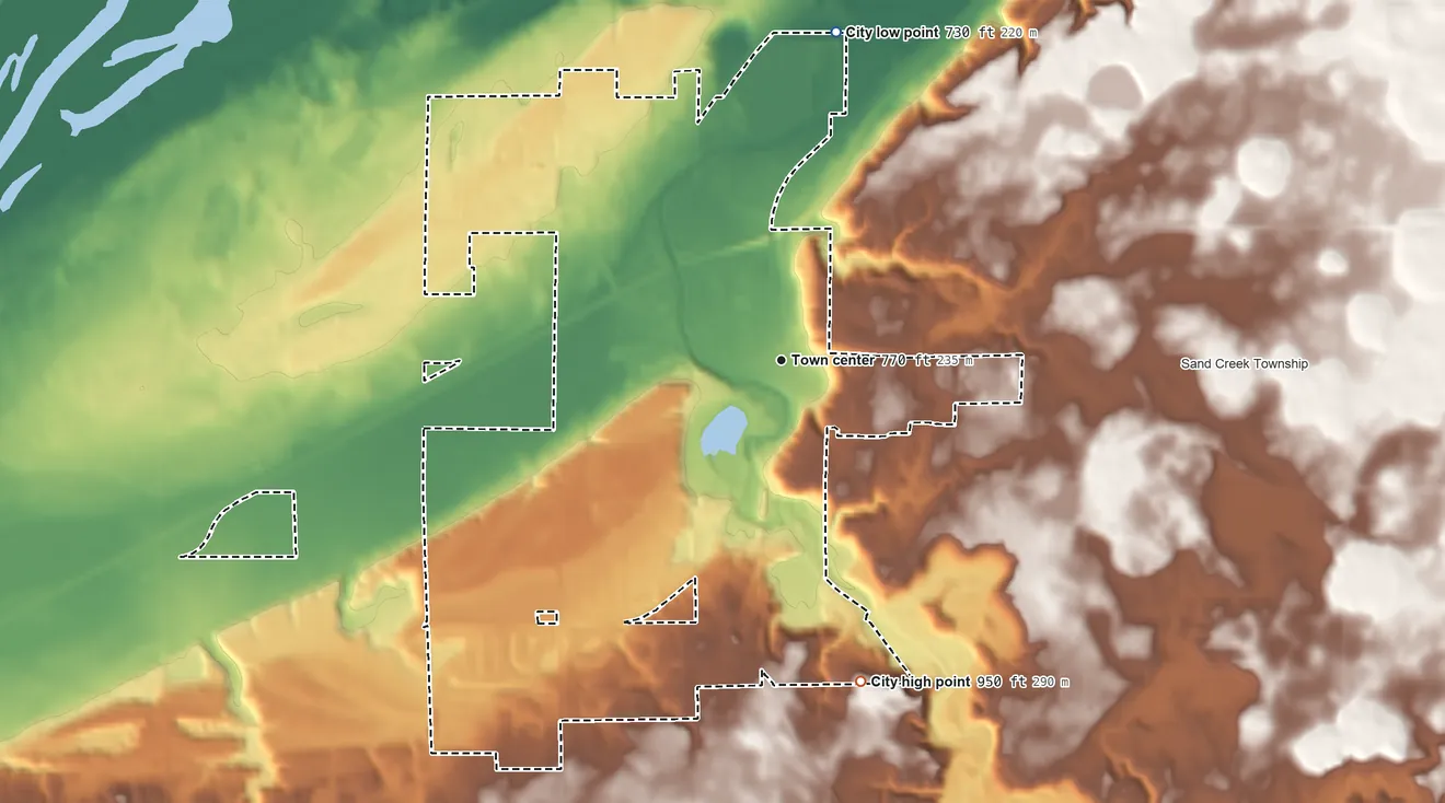 Topographic elevation map of Jordan, Minnesota, shaded from 730 ft on the north side to 950 ft on the south side