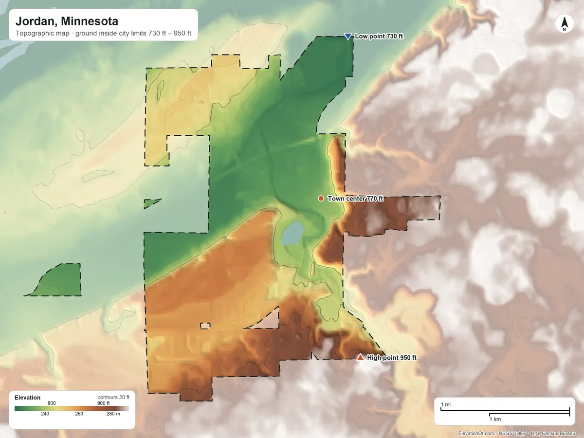 Topographic elevation map of Jordan, Minnesota, shaded from 730 ft on the north side to 950 ft on the south side