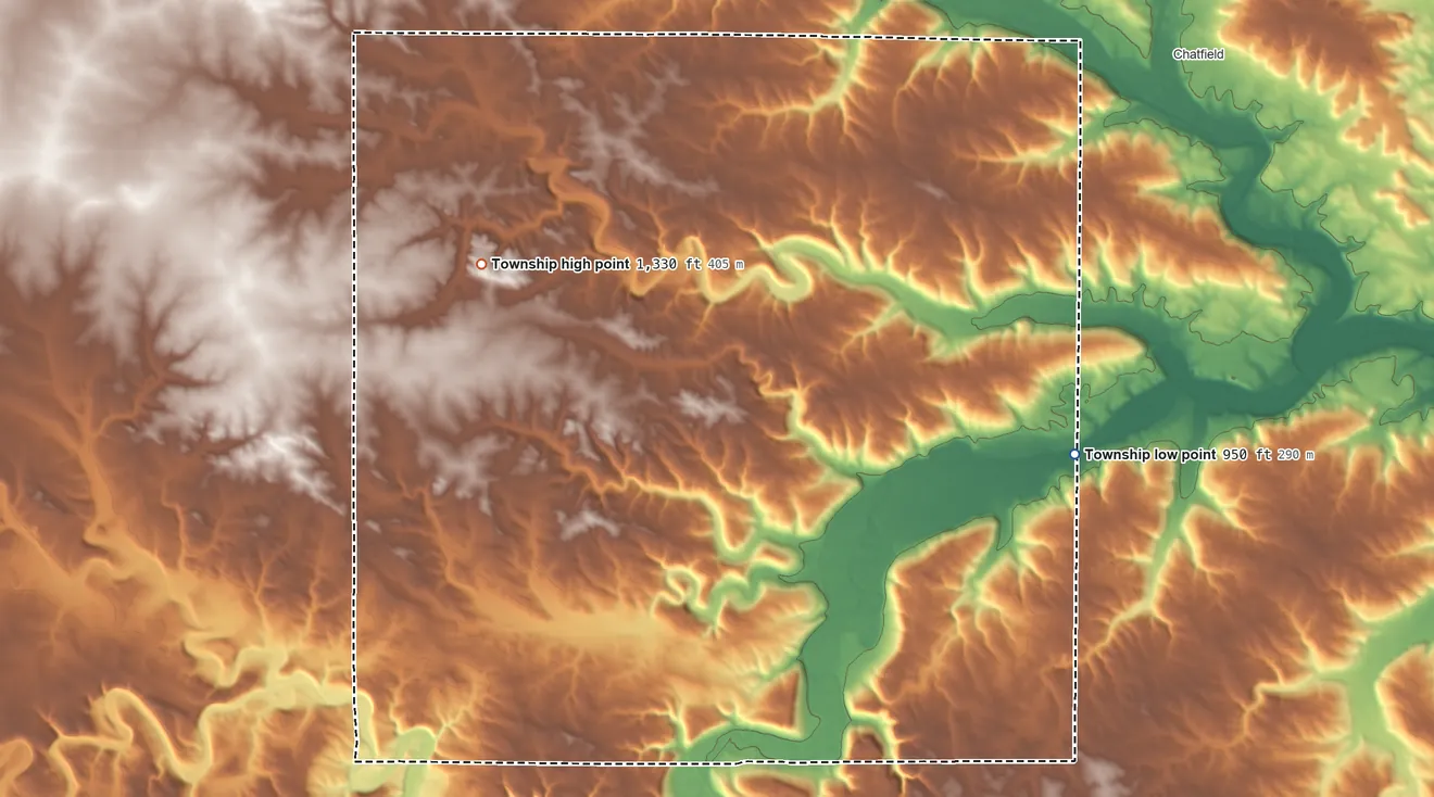 Topographic elevation map of Jordan Township, Minnesota, shaded from 950 ft on the southeast side to 1,330 ft on the west side