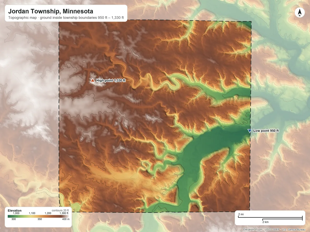 Topographic elevation map of Jordan Township, Minnesota, shaded from 950 ft on the southeast side to 1,330 ft on the west side