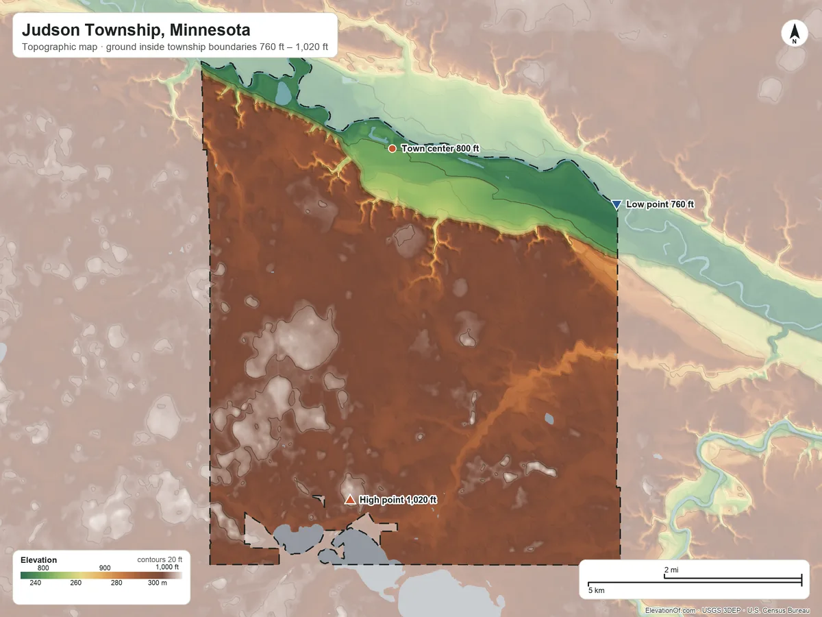 Topographic elevation map of Judson Township, Minnesota, shaded from 760 ft on the east side to 1,020 ft on the south side