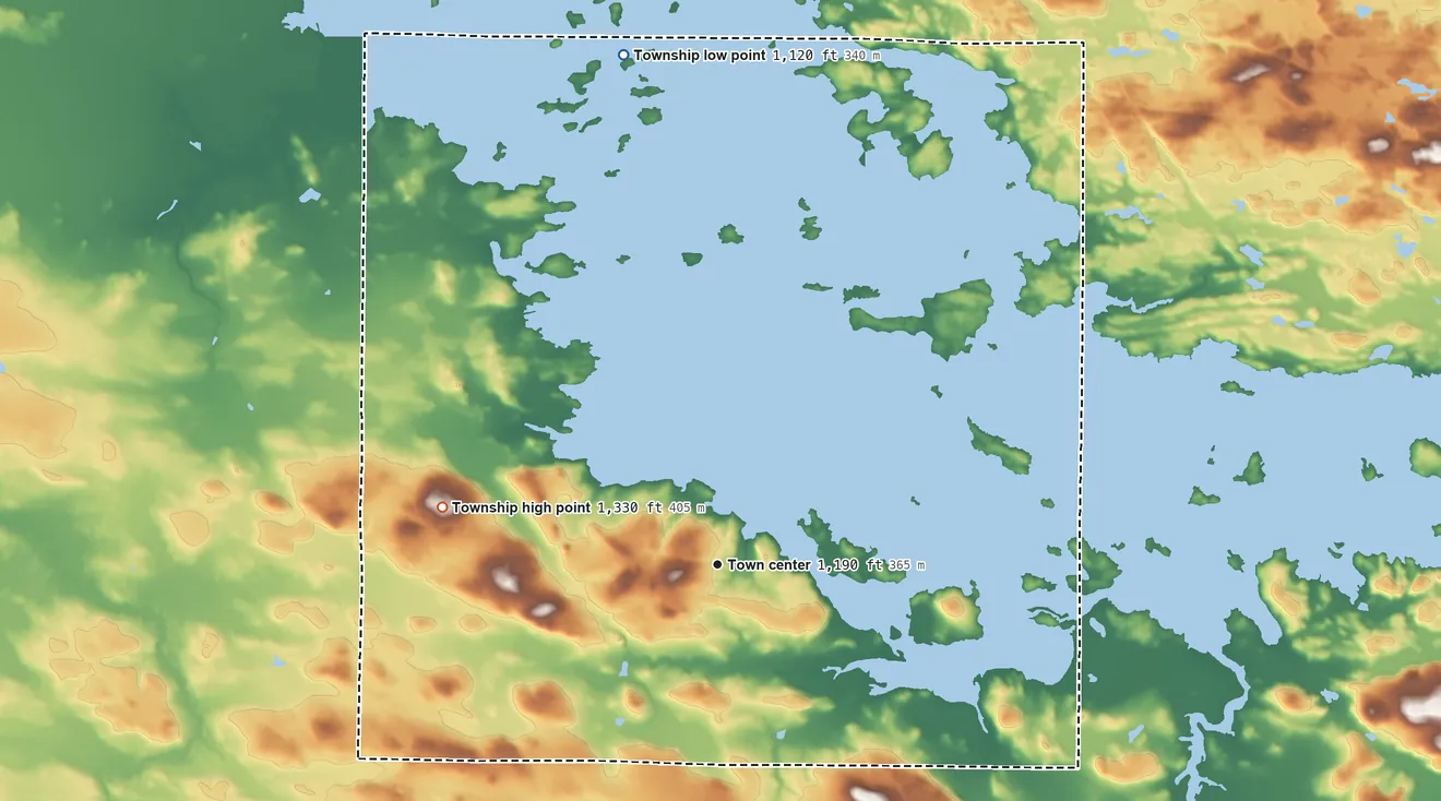 Topographic elevation map of Kabetogama Township, Minnesota, shaded from 1,120 ft on the north side to 1,330 ft on the west side