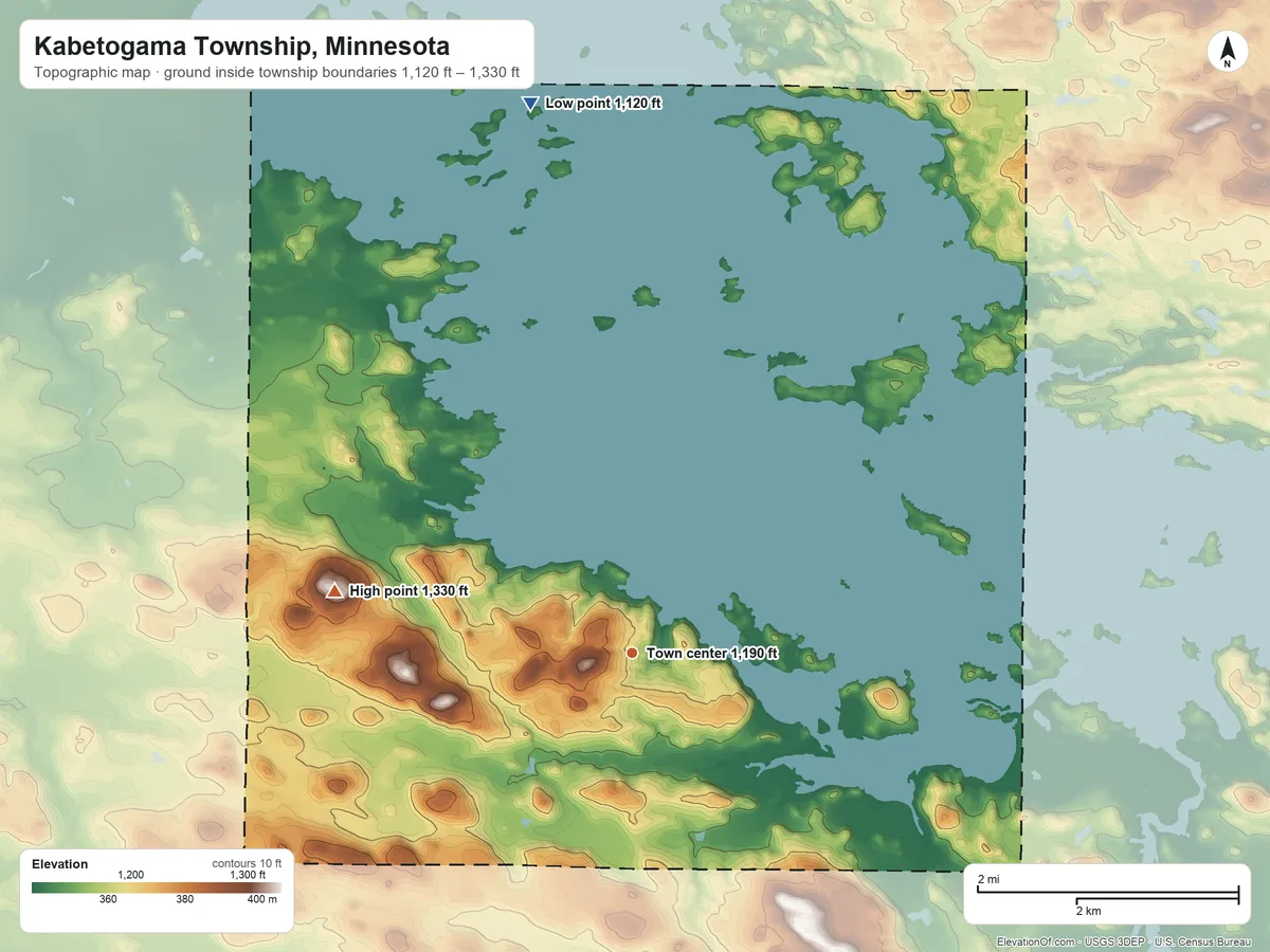 Topographic elevation map of Kabetogama Township, Minnesota, shaded from 1,120 ft on the north side to 1,330 ft on the west side