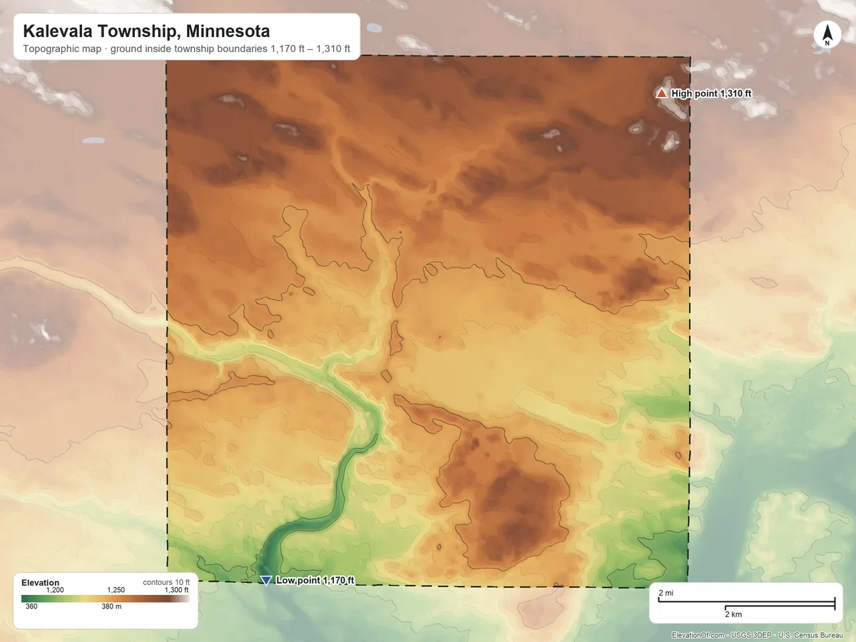 Topographic elevation map of Kalevala Township, Minnesota, shaded from 1,170 ft on the southwest side to 1,310 ft on the northeast side