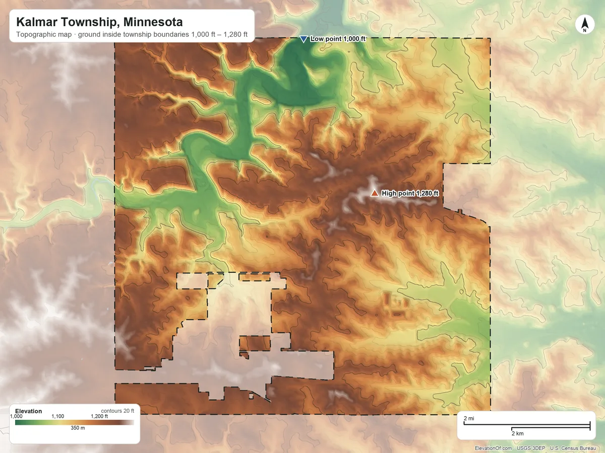 Topographic elevation map of Kalmar Township, Minnesota, shaded from 1,000 ft on the north side to 1,280 ft on the northeast side