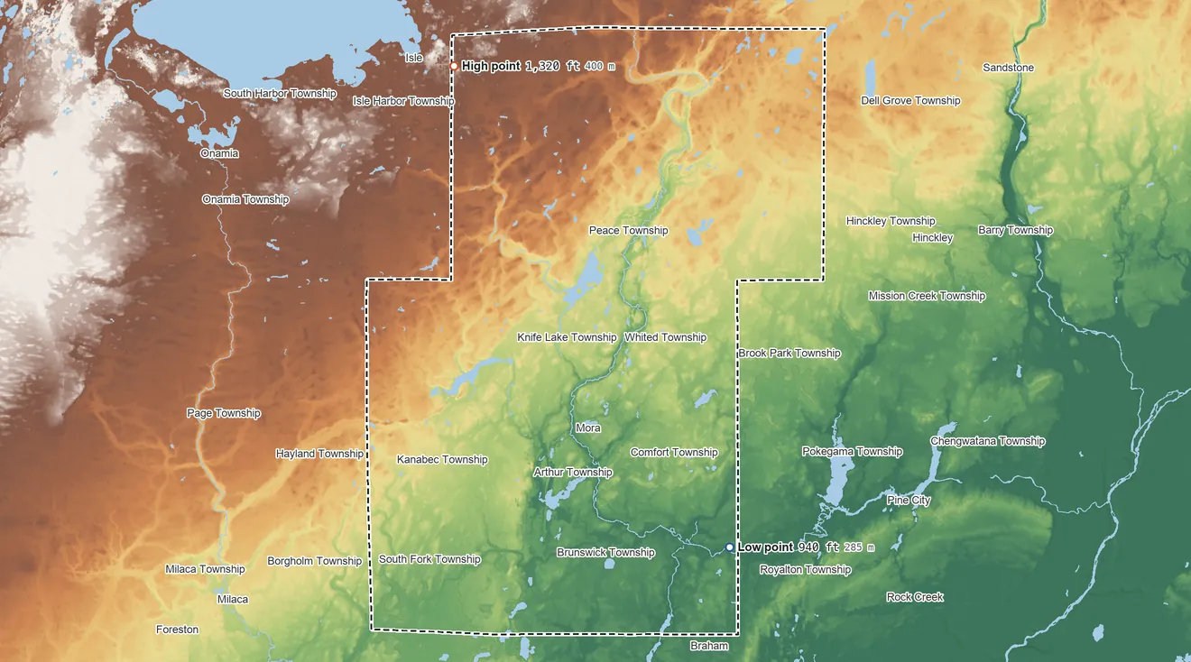 Topographic elevation map of Kanabec County, Minnesota, shaded from 940 ft on the southeast side to 1,320 ft on the northwest side