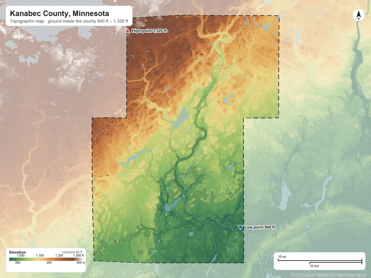 Topographic elevation map of Kanabec County, Minnesota, shaded from 940 ft on the southeast side to 1,320 ft on the northwest side