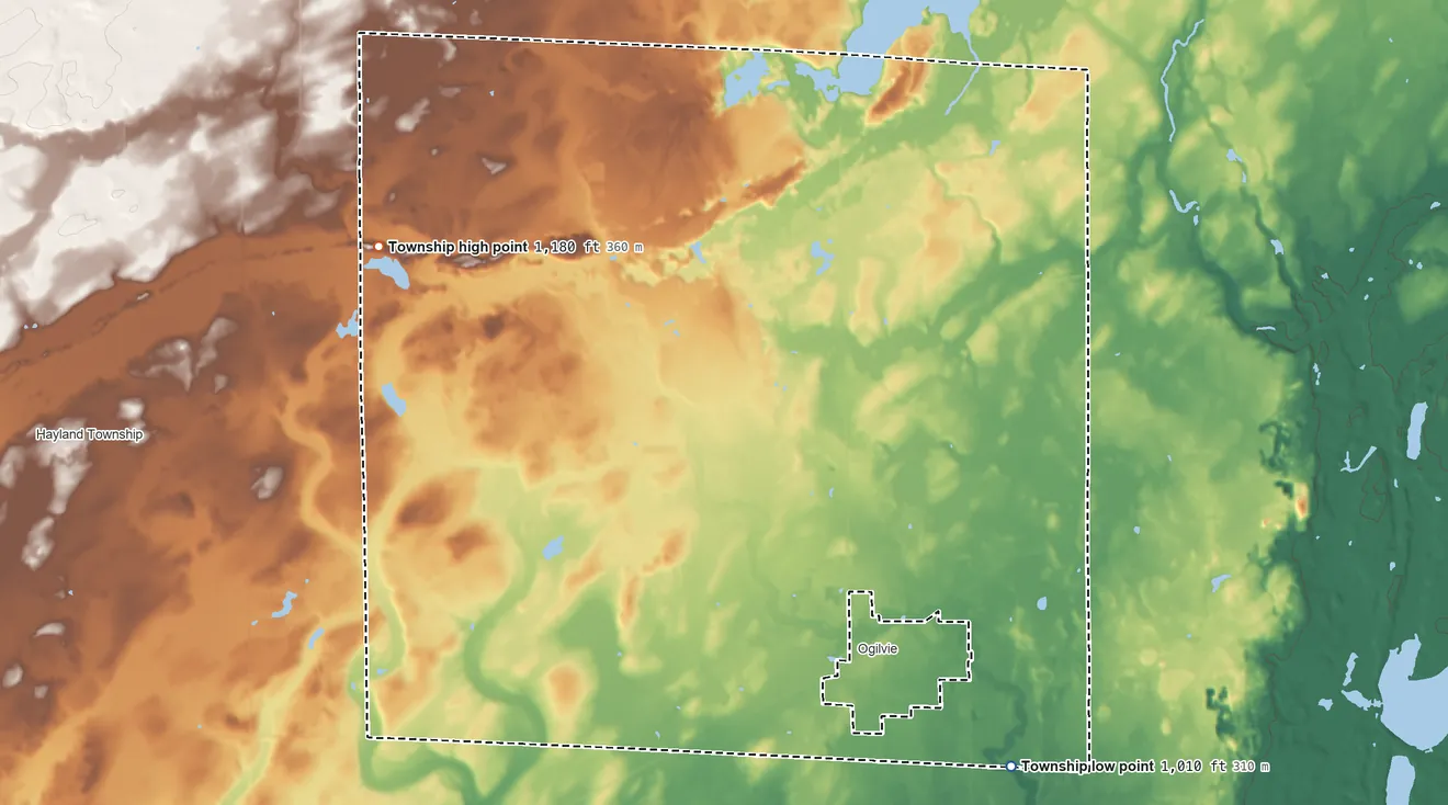 Topographic elevation map of Kanabec Township, Minnesota, shaded from 1,010 ft on the southeast side to 1,180 ft on the northwest side