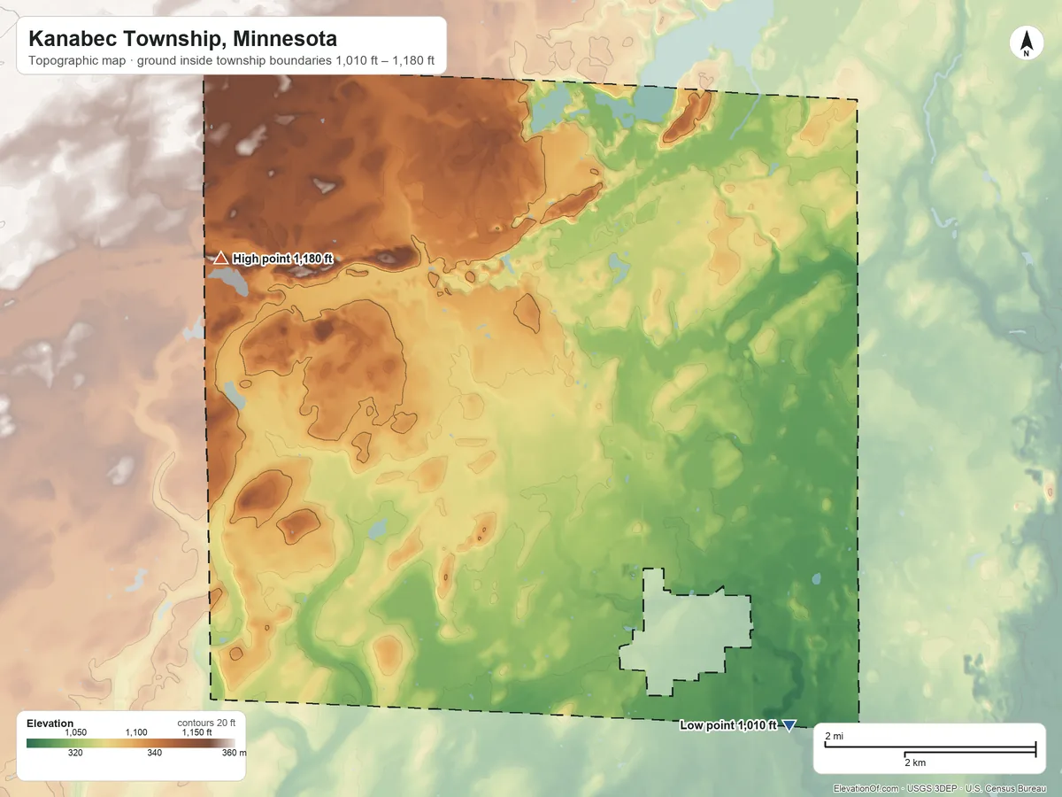 Topographic elevation map of Kanabec Township, Minnesota, shaded from 1,010 ft on the southeast side to 1,180 ft on the northwest side