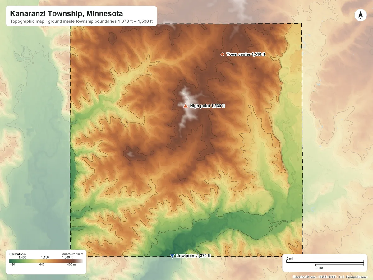 Topographic elevation map of Kanaranzi Township, Minnesota, shaded from 1,370 ft on the south side to 1,530 ft on the southwest side