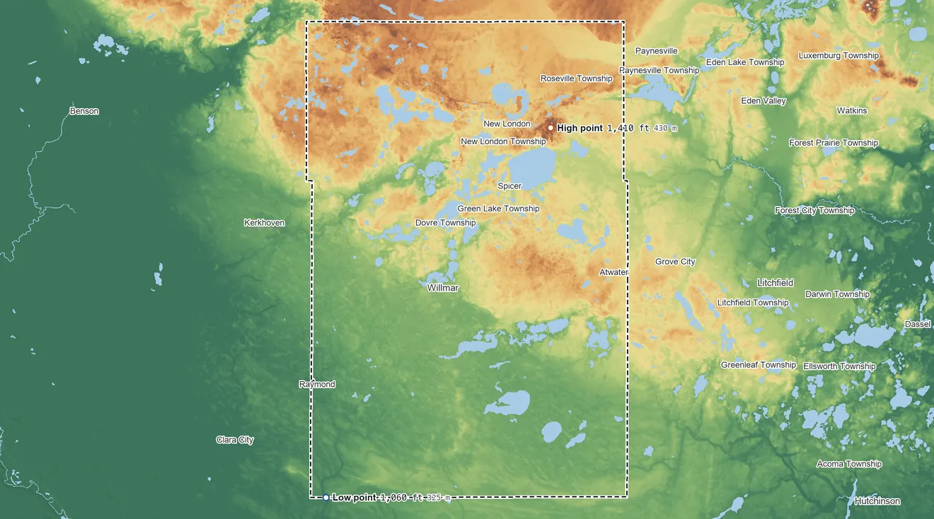Topographic elevation map of Kandiyohi County, Minnesota, shaded from 1,060 ft on the southwest side to 1,410 ft on the northeast side