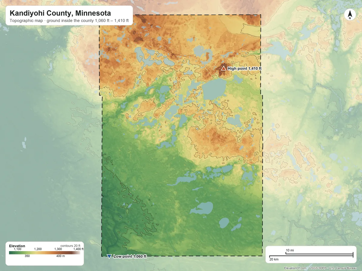 Topographic elevation map of Kandiyohi County, Minnesota, shaded from 1,060 ft on the southwest side to 1,410 ft on the northeast side