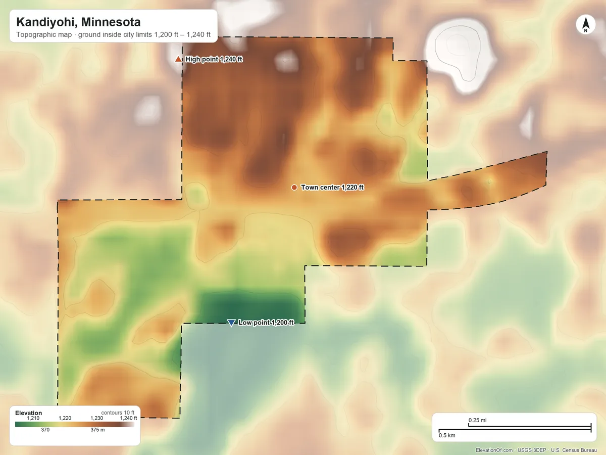 Topographic elevation map of Kandiyohi, Minnesota, shaded from 1,200 ft on the southwest side to 1,240 ft on the northwest side