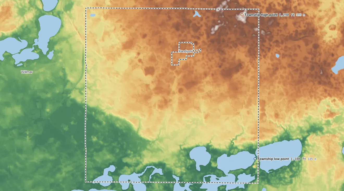 Topographic elevation map of Kandiyohi Township, Minnesota, shaded from 1,100 ft on the southeast side to 1,290 ft on the northeast side