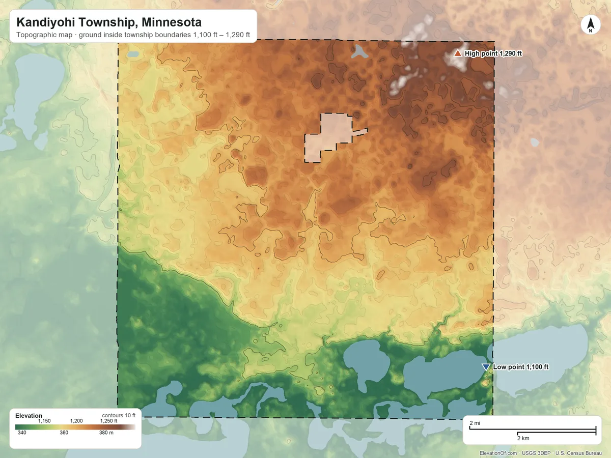 Topographic elevation map of Kandiyohi Township, Minnesota, shaded from 1,100 ft on the southeast side to 1,290 ft on the northeast side