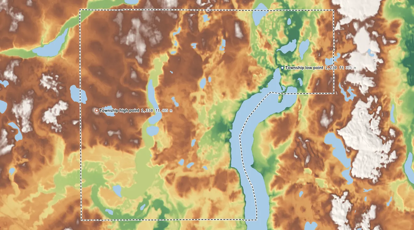 Topographic elevation map of Kandota Township, Minnesota, shaded from 1,230 ft on the northeast side to 1,330 ft on the northwest side