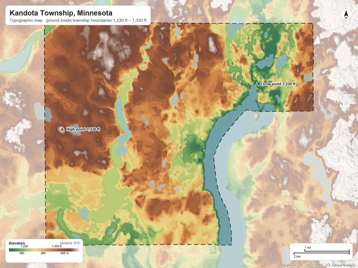 Topographic elevation map of Kandota Township, Minnesota, shaded from 1,230 ft on the northeast side to 1,330 ft on the northwest side